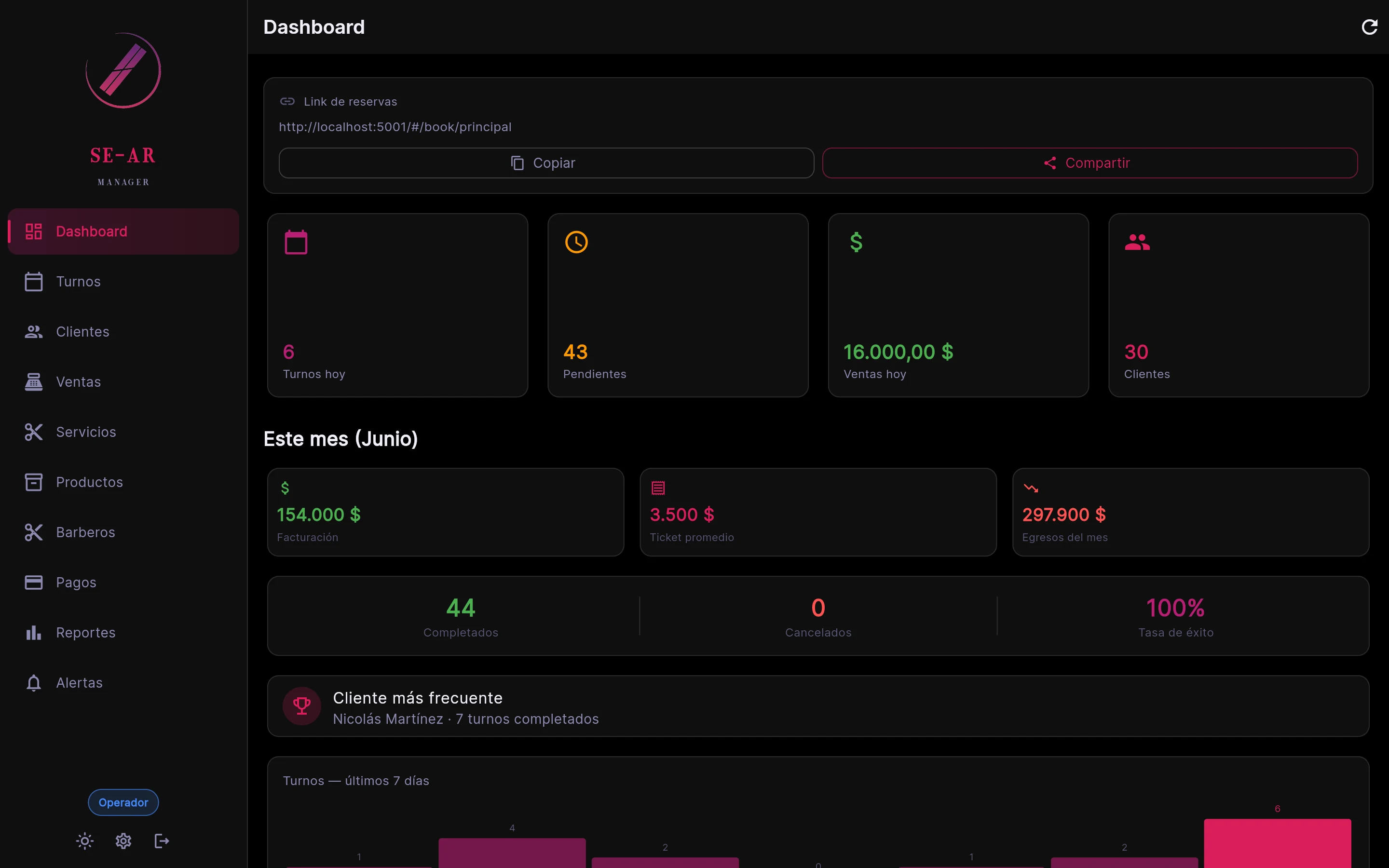 Panel principal de SE-AR Manager con KPIs: turnos, clientes y gráfico de actividad semanal